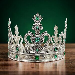 Silver king crown, green stone crown, wedding crown, renaissance medieval crown